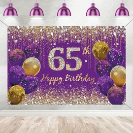 65th Birthday Decorations for Women, Purple Glitter Spots Fabric Sign Poster Birthday Party Decoration Background Banner Woman, 65th Birthday Party Decoration