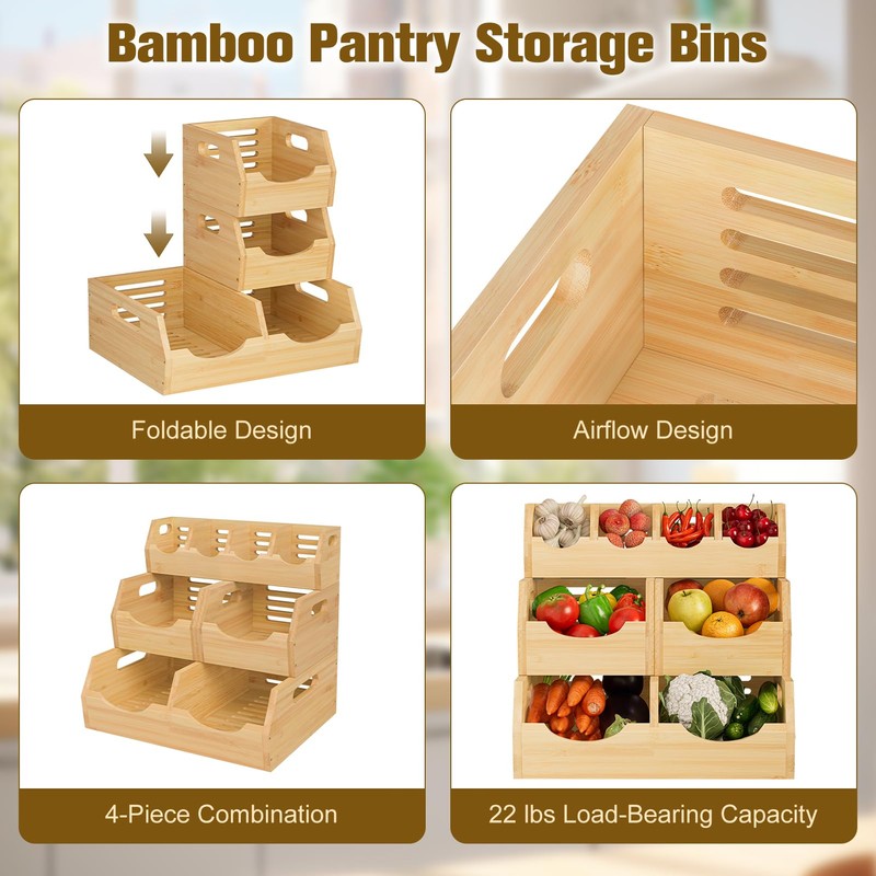 MTGSTOCL Upgraded 3 Tier Bamboo Pantry Storage Bins - Stackable