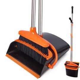 XXFLOWER Broom and Dustpan Set with Long Handle, Light Weight Stainless Steel Poles Stand Upright Dustpans with Broom Combo for Home Kitchen Office Pet Dog Hair, Black & Orange Color, 1-Pack