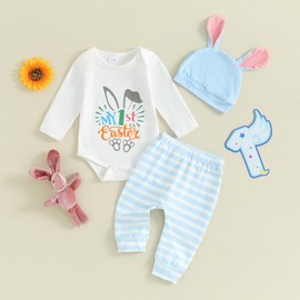 Loalirando My 1st Easter Baby Girl Boy Outfit Long Sleeve Romper Bunny Print Romper Tops Striped Pants Ears Hat 3PCS Clothes Set (White, 3-6 Months)