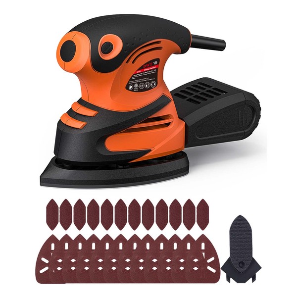 DWT Detail Sander, 1.5A 15000 OPM Electric Sander with 24pcs Sandpapers, Efficient Dust Collection System & Detail Finger Attachment, Soft Grip Handle, Compact Hand Sander for Woodworking