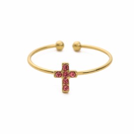 Youzealou Adjustable Crystal Cross Ring for Women - 18K Gold Plated Open Christian Ring, Faith, Hope, Love, Purity Symbol Ring (pink)