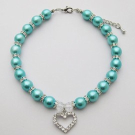 PETFAVORITES Engraved Crystal Heart Dog Necklace Jewelry with Bling Pearls Rhinestones Charm for Pets Cats Small Dogs Girl Teacup Chihuahua Yorkie Clothes Costume Outfits (Blue, 12 to 14-Inch)