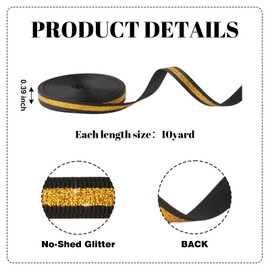 YKW Black Gold Glitter Ribbon 3/8 Inch x 10 Yards, No Shedding Grosgrain Sparkle Stripe, Cheer Bows Hair Accessories, Homecoming Mum Supplies, Team Spirit Gift Wrapping Party Decorations Craft