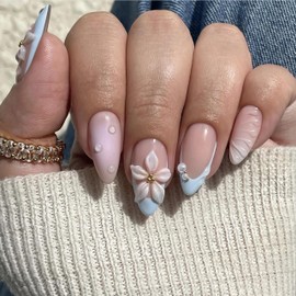 BABALAL Press on Nails Medium Almond Fake Nails Blue French Tip Glue on Nails 3d Flower Design Acrylic Nails 24Pcs Stiletto Stick on Nails 24Pcs Handmade Diy Full Cover False Nails for Women Girls
