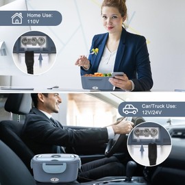 Vabaso Electric Lunch Box Food Heater, Electric Heating Lunch Boxes Lunch for Adults/Men/Truck/Car/Work, 60-80W 1.5L Removable 304 Stainless Steel Container, 110V/12V/24V, with Fork & Spoon