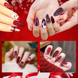 96 Pcs Christmas Fake Nails, Coffin Press on Nail Full Cover False Nail Kits Snowflake Christmas Tree Elk Design Nail Tips for Women Girl Nail Art Decoration