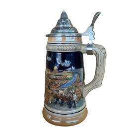 Beer Stein Mug Hungry Building Pattern with Petwer Lid Birthday Gifts 0.6Liter (Beige)