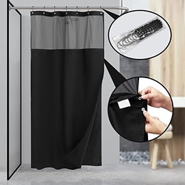 Stall Waffle Weave Shower Curtain with Snap-in Fabric Liner & Hooks Set - 36" x 72" Small Shower Stall Size, Hotel Style & Mesh Top Window, Machine Washable - 36x72, Black