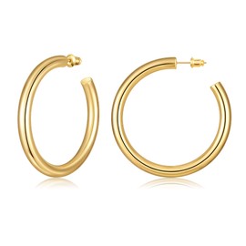 Gacimy Chunky Gold Hoop Earrings for Women 14K Gold Plated, 925 Sterling Silver Post Gold Hoops for Women, 50mm Yellow Gold Big Hoop Earrings