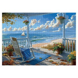 Colorful Beach Ocean Art Puzzles for Adults 1000 Pieces Nature, Challenging Flower Landscape Sailboat Jigsaw Puzzles, Beautiful Scenic Pretty Blue Puzzle
