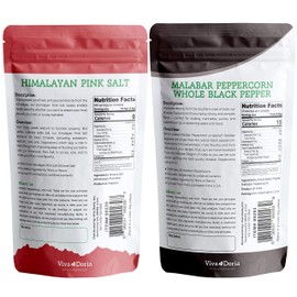 Viva Doria Malabar Peppercorn - Steam Sterilized Whole Black Pepper, 12 Oz Black Peppercorns and Himalayan Pink Salt (Coarse Grain) 2 lb for Grinder Refills