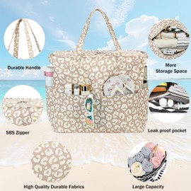 LEDAOU Beach Bag Waterproof Sandproof Women Tote Bag Pool Bag with Zipper for Gym Grocery Travel with Wet Pocket, Brown Leopard Print 44, Large