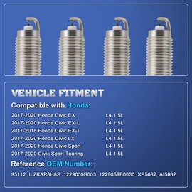 Iridium Platinum Spark Plugs 4 Pack Compatible with 2017 2018 2019 2020 1.5 Honda Civic EX LX EXL EX-T Sport L4 1.5L Replaces 95112, ILZKAR8H8S, 1229059B003, 1229059B0030, XP5682, AI5682