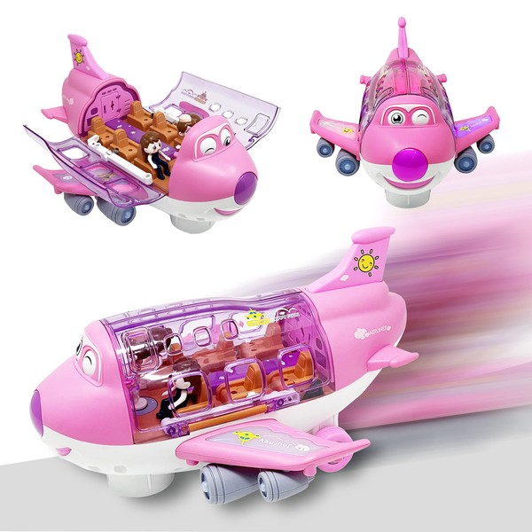KIDSTHRILL Kids Airplane Toy, Pink Toddler Airplane Toys for Girls W/Colorful Lights Music & Toy Airplane Sounds, 360 Automated Wheels, for Birthday Gifts Toddler Girls Toys 2 3 4 5 6 7-Year-Old Up