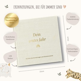 MeinBaby123® Baby Album Your First Year High-Quality Gold-Plated with 136 Filling Pages, Gift for Birth, Baby Gifts, Baby Diary to Fill in for Milestones in the 1st Year (Linen Beige)