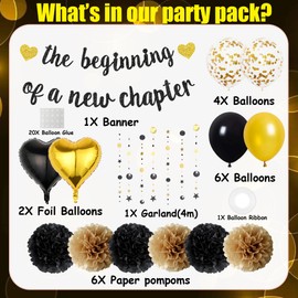 Congratulations The Beginning of a New Chapter Banner, Graduation Decorations Glitter Banners Black Gold Garland Paper Pompoms, Farewell Party Supplies for Retirement Job Change Divorce Decoration