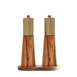 Salt and Pepper Grinder Set, Manual Pepper Grinder with Wooden Base, Adjustable Coarseness, Refillable Ceramic Blade Grinding, Enjoy Fresh Ground Pepper Salts with Spices, 2pcs-7in(7IN-Golden Wood)
