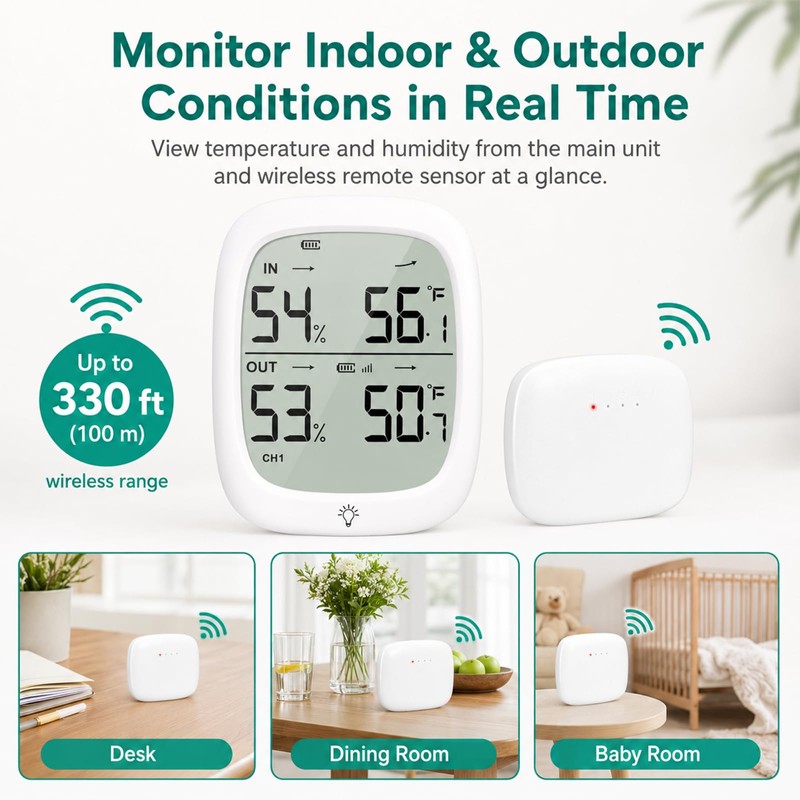 RUIKORING Wireless Indoor Outdoor Thermometer Hygrometer, 330 ft Sensor