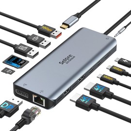 USB C Docking Station Dual Monitor, USB-C Hub Multiport 13 in 1 Dongle Adapter with 2HDMI Displayport DP Ethernet 100W PD 5 USB Port SD/TF Card Reader Mic/Audio for MacBook Air/Dell/Surface/HP/Lenovo