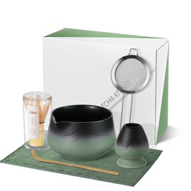 ZENS Matcha Tea Set with Bamboo Whisk, 6pcs Matcha Tea Ceremony Kit Includes Ceramic Bowl & (Chasen Holder), Whisk, Scoop, Sifter and Soft Towel for Matcha Latte, Making Usucha, Sage Green