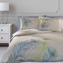 Superior Peacock Cotton 200 Thread Count Duvet Cover Set, Comforter Covers, Soft Bedroom Essentials, Embroidered Peacock Feather, Includes 1 Duvet Cover, 2 Pillow Shams, Full/Queen, Blue/Green