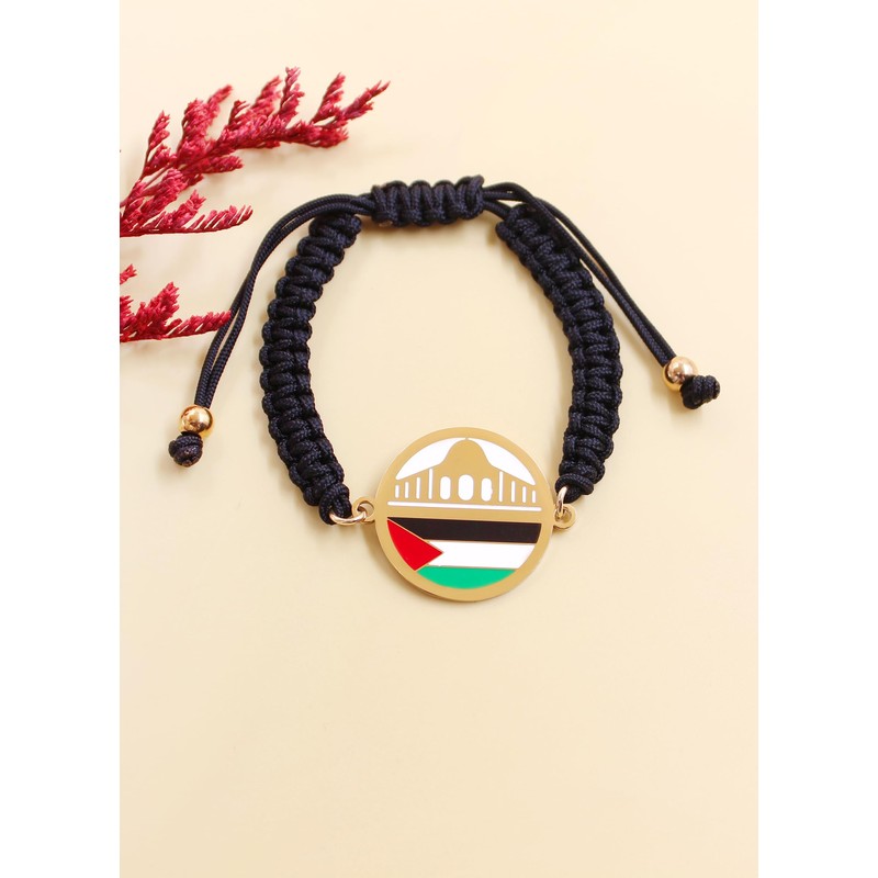 JunyiDIY Gold Al-Aqsa Mosque Palestinian Flag Faith Bracelet, Black Woven