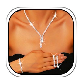 Rhinestone Silver Jewelry Set Bridal Necklace Earrings for Women