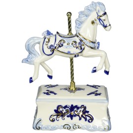 CG 80111 8.5" White and Blue Carousel Horse ATOP Platform Music Box