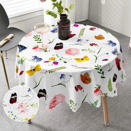 iEvery Floral Round Tablecloth 150cm, Polyester Wipe Clean Table Cloth Waterproof Garden Circle Table Cover for Kitchen Dinning Party Picnic Patio Outdoor