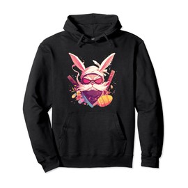 Colorful Easter Eggs Hunt Ninja Cat With Bunny Ears for Kids Pullover Hoodie