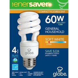 Globe Electric 4850401 13-Watt Ultra-Mini Compact Fluorescent 60-Watt Incandescent Equivalent Spiral Light Bulb, Soft White, 4-Pack