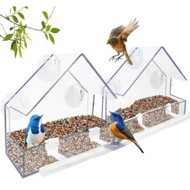Window Bird Feeder 2 Pack, Bird House for Outside with 2 Rod, Small Acrylic Window Bird Feeder with Strong Suction Cups and Drain Holes 5.9 * 2.4 * 5.9 inch