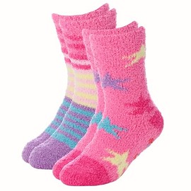 Metzuyan Kids Infants Girls Fluffy Bed Slipper Socks 2 Pairs Non Skid Anti Slip Grips Pink Stars 4-5.5