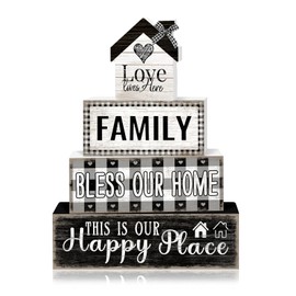 4 Pcs Farmhouse Family Wooden Tiered Tray Decor Set, Rustic Bless Our Home Wood Table Decor Buffalo Plaid Distressed Stack Block Signs Tabletop Centerpieces for Home Kitchen Shelf Mantle Decorations