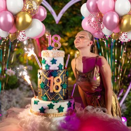 Alainzeo Gold Pink White 50 Piece 12 Inch Set Confetti Latex Balloons with 33 Feet Ribbon for Birthday Party, Wedding, Graduation, Bridal Shower Decorations