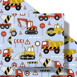 RUSPEPA Construction Vehicle Wrapping Paper Roll for Boys, Mini Roll, Cartoon Digger, Cement Mixer, Dump Truck and Road Sign Design Gift Wrap for Kids Birthday, Truck Party, 17 Inches x 16.4 Feet