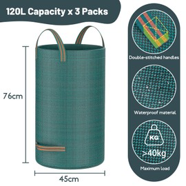 Mokani Garden Waste Bags, 120L x 3 Garden Bags Heavy Duty with Handles, Reusable Garden Sacks, Foldable Camping Recycling Bags for Leaf, Trash, Debris, Garden Rubbish Bags Waterproof