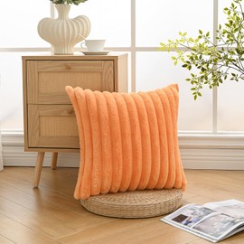 Volcanics Pack of 1 Double-Sided Faux Fur Plush Decorative Throw Pillow Covers 18x18 Inches Soft Fluffy Striped Couch Pillow Cases, Orange