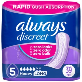 Always Discreet Adult Incontinence Pads for Women, Heavy Absorbency, Long Length, Postpartum Pads, 39 Count