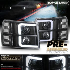 M-AUTO Black Housing Projector Headlight Assembly w/ 2 Pair Pre-assembled 6000K LED Bulbs Compatible with 07-13 Chevy Silverado 1500, 07-14 Silverado 2500 3500 & HD Models