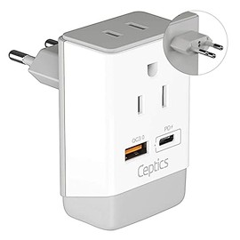 Switzerland Plug Adapter, Travel with QC 3.0 & PD by Ceptics, Safe Dual USB & USB-C - 2 USA Socket Compact & Powerful - Quick Charge 3.0 & Power Delivery - Type J AP-11A - Fast Charging