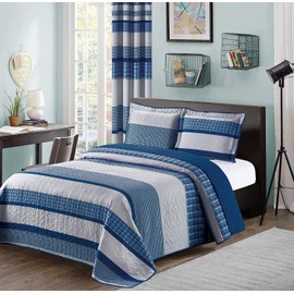 All American Collection Blue and Gray Modern Plaid Bedspread and Pillow Sham Set | Matching Curtains Available! (King/Cal King Size)