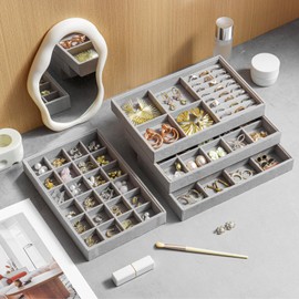 KATISYIO Jewelry Drawer Organizer Inserts Tray, Set of 4 Velvet Stackable Jewelry Trays for Earring Necklace Rings Bracelets Watch (Gray)