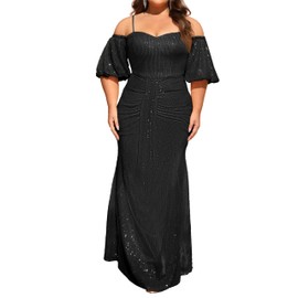 Women's Spaghetti Strap Plus Size Off The Shoulder Puff Sleeve Sequin Formal Maxi Bodycon Long Dress Evening Party Gowns 2XL XX-Large Black 2X