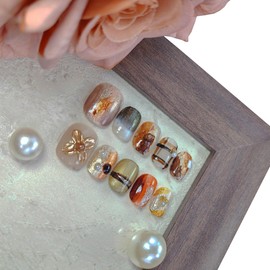 Short Square Press on Nails Handmade False Nails with 3D Designs/Charms, Cute Reusable Fake Stick on Acrylic Tips (Flower Golden, Small)