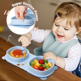 Silicone Foldable Novelty Dinner Plates,Suction Plates for Baby Travel Essential with Forks and Spoons,Microwave & Dishwasher Safe,Baby Blue