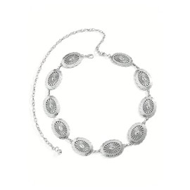 COZYEASE Women's Boho Oval Hollow Out Concho Belts Vintage Western Belly Chain Waist Belts Body Jewelry, Silver, 70/80