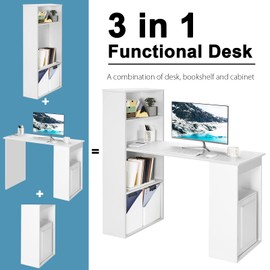 Bookshelf Cabinet 3 in 1 Functional Table, Compact Workstation with Storage Shelf and CPU Holder Computer Desk Bookcase, White