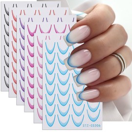 6PCS Gradient French Tip Nail Art Stickers for Nail Art Stickers Gradient French Line Nail Decals Colorful Nail Stickers 3D Self-Adhesive Nail Tips Guides for Women DIY Nail Decorations Stencil Tools